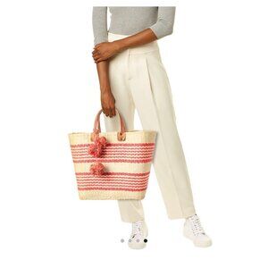 Mar Y Sol Caracas Tote Straw Raffia Pom Pom Beach Tote - Beige/Red